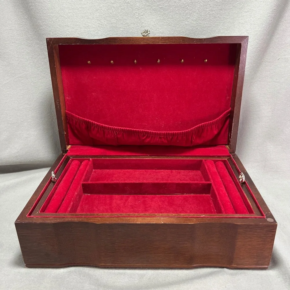 Vintage Wooden Jewelry Box Chest Red Velvet Lining Removable Tray Necklace Hooks